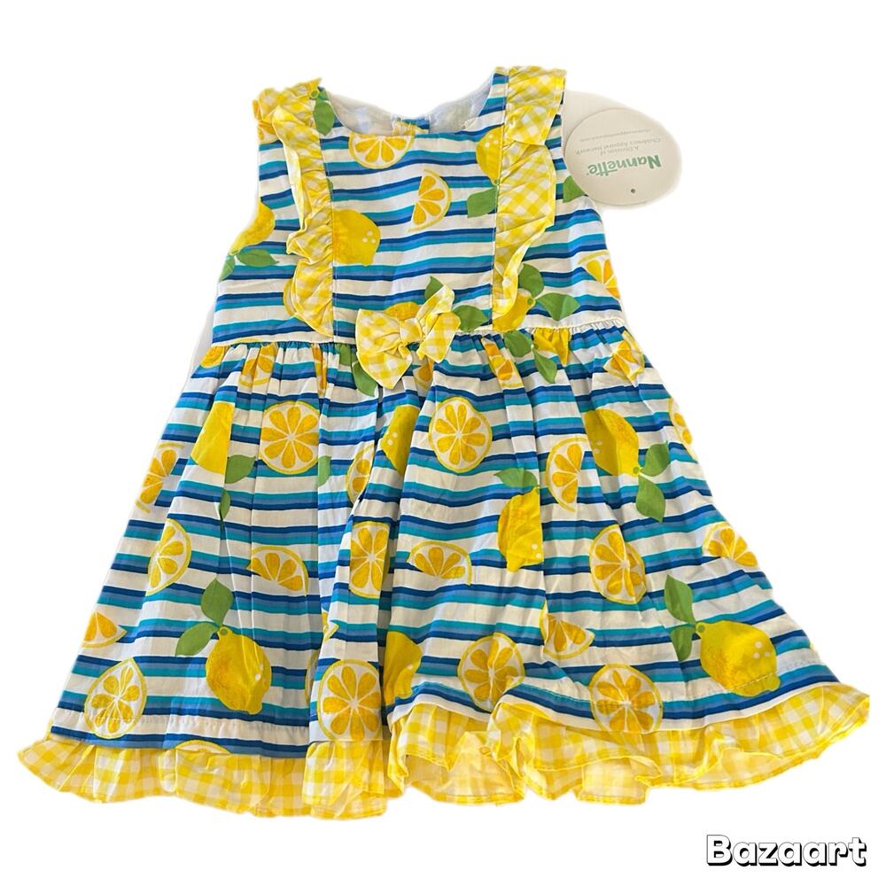 Nannette Baby Lemon Stripe Sleeveless Dress with Bloomers 24M New